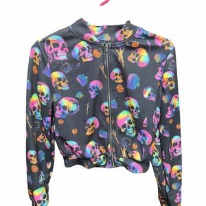 SHEIN Black Zip-Up Jacket with Rainbow Skull Print